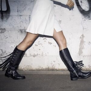 FRYE Veronica Belted Fringe Black Leather Tall Boots